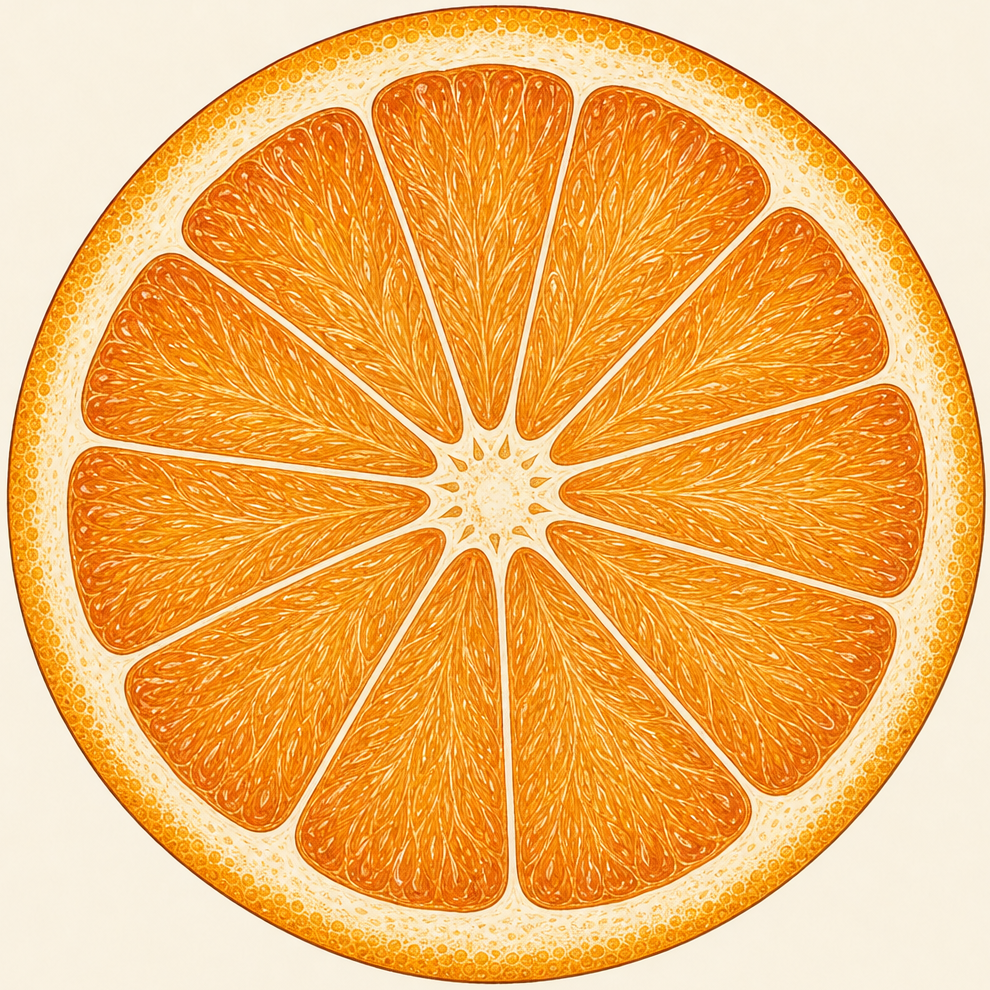 An orange cross-section, half living fruit and half analytical network